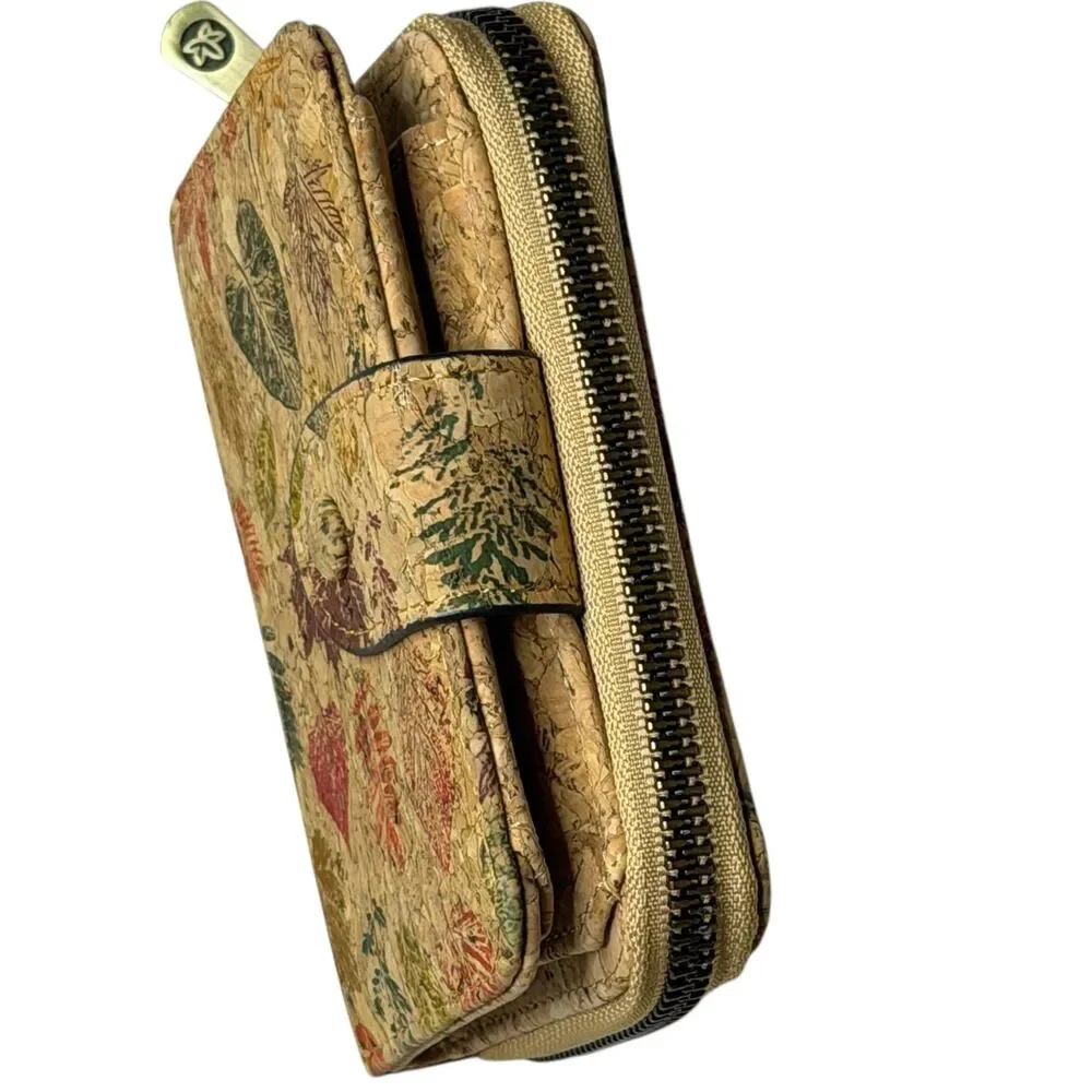 Cork Bifold Wallet Coin Purse Printed Leaf Retro Vegan Zip Around